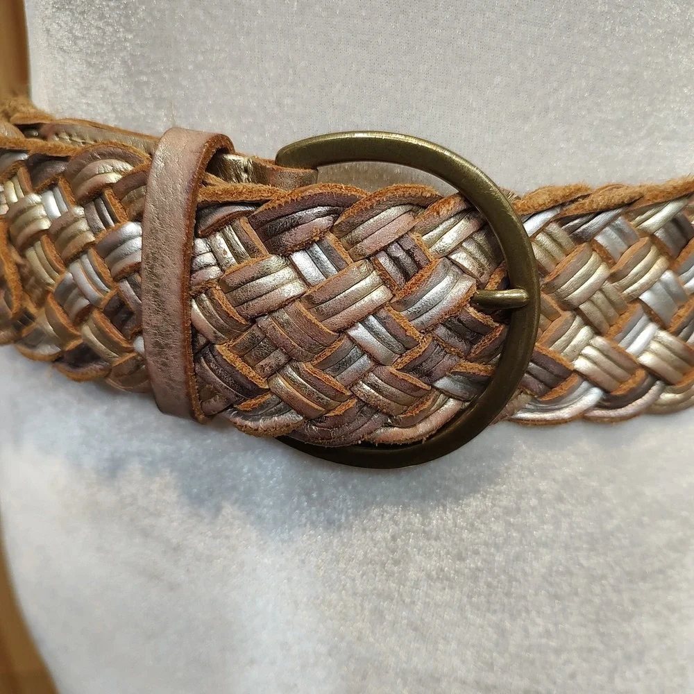 Preston & York Belt Sz Small Leather Tan Gold Braided Brass Ring Buckle Boho